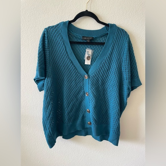Lane Bryant teal blue button up crochet v neck t shirt sweater blouse - Picture 1 of 3